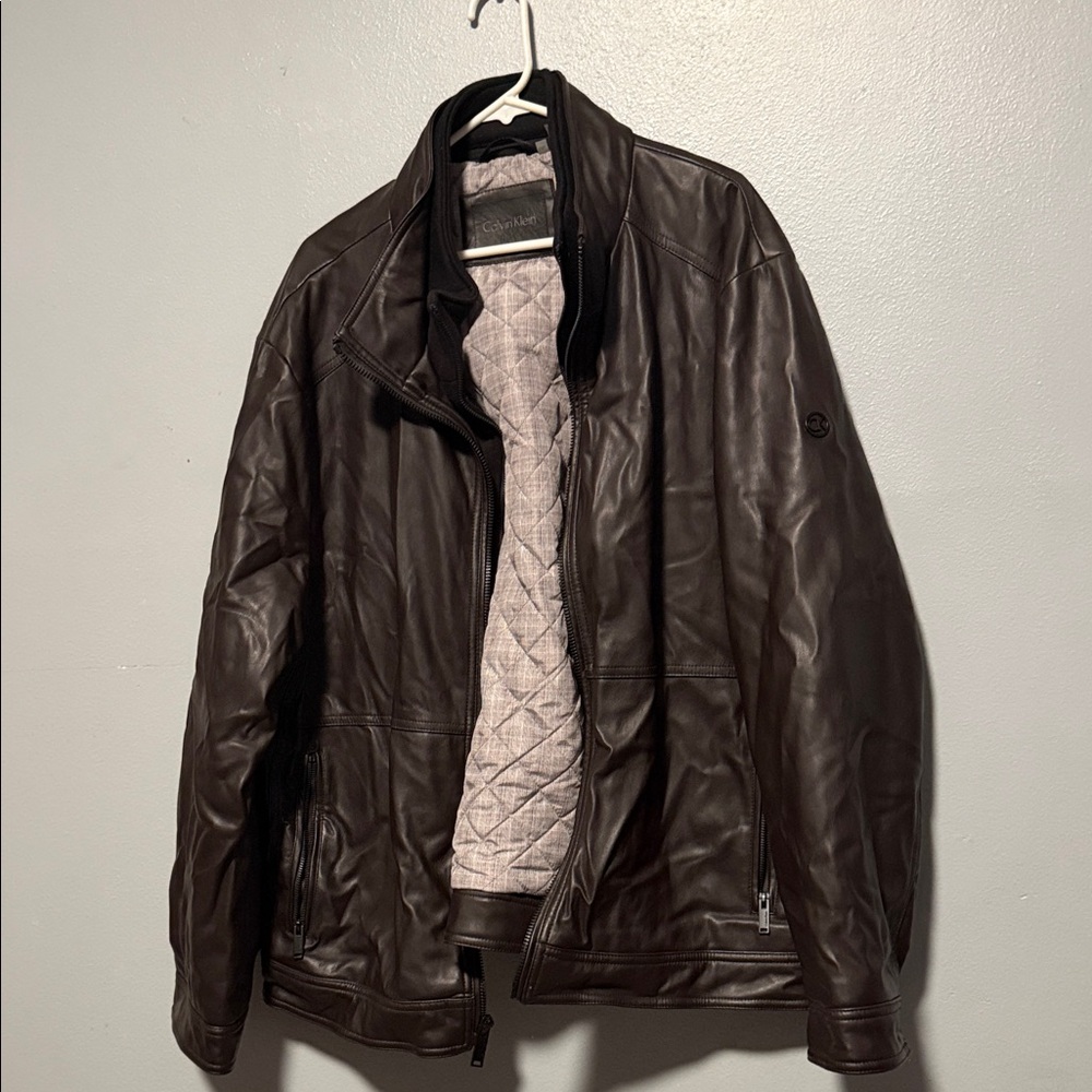 Calvin Klein Dark Brown Leather Bomber Jacket
